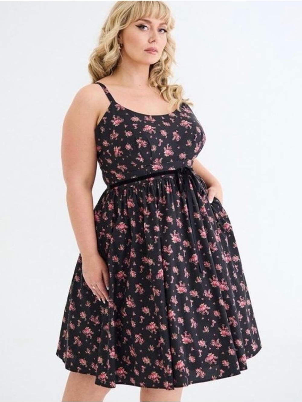Torrid Retro Chic Black Midi Dress with Pink Floral Print 3X
